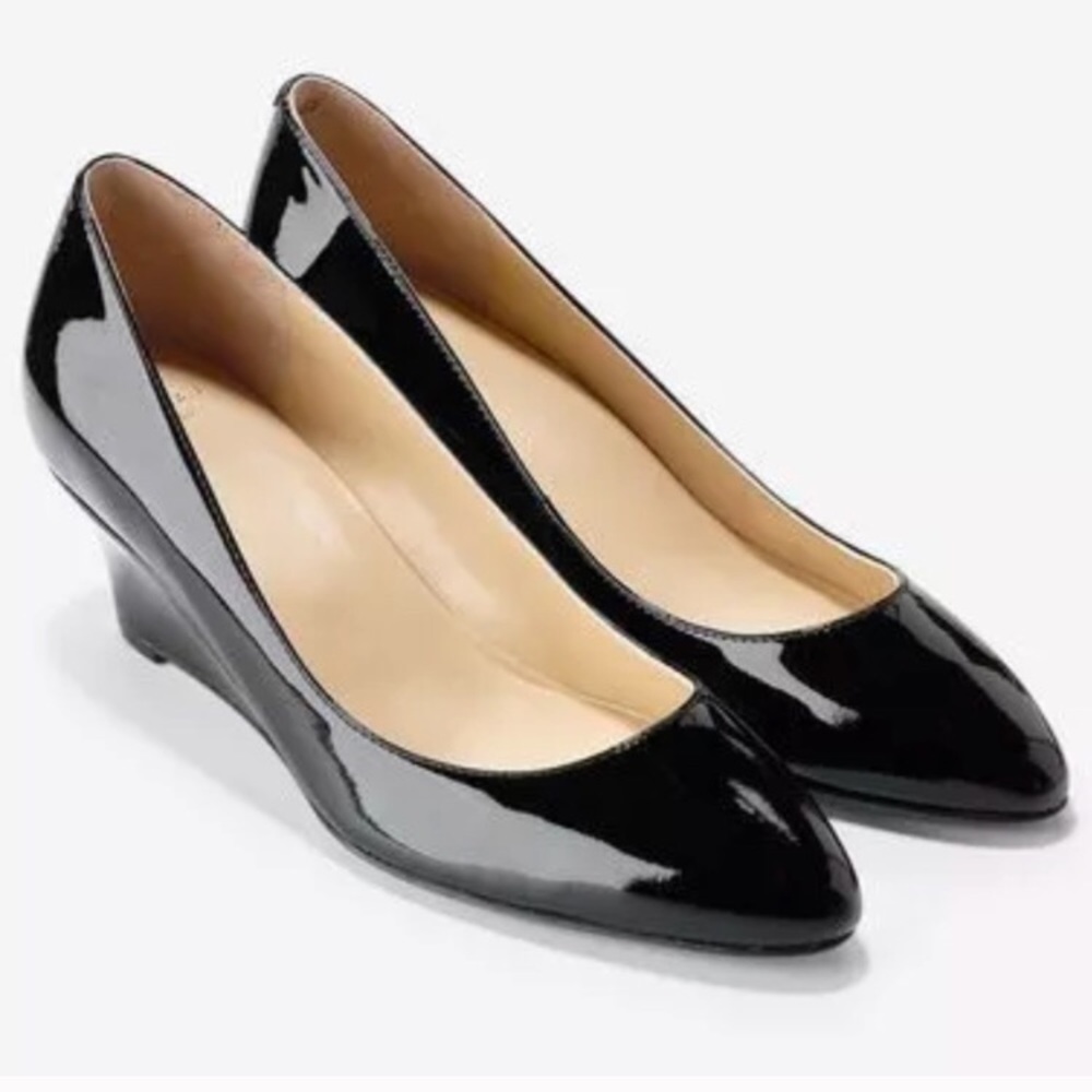 COLE HAAN patent black leather BETHANY 7 wedge - Picture 1 of 7